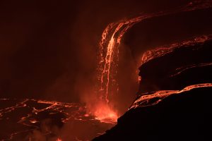 lavafall into the crater of the Nyiragongo active volcano